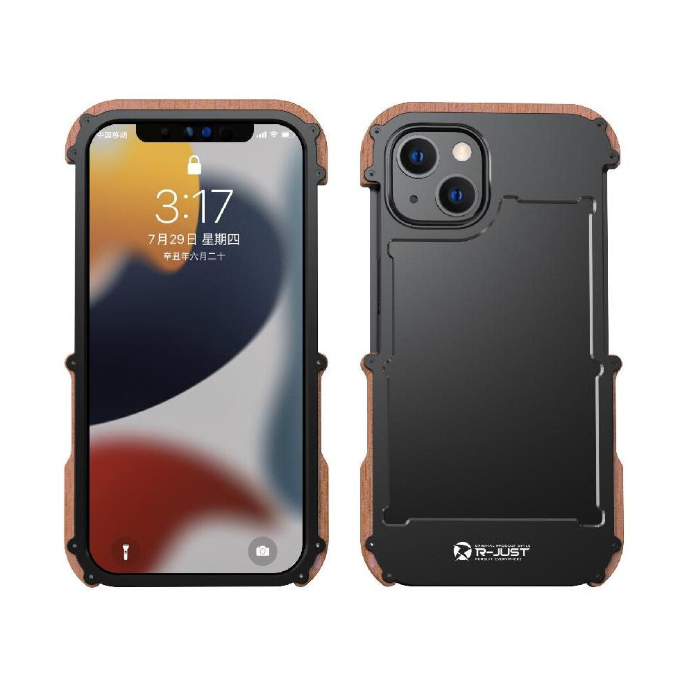 (Black) Case For Iphone 13,Drop Protection Aluminum Metal Wood Bumper Frame Cover Shockproof Dropproof Protective Shockproof Black 764544213592