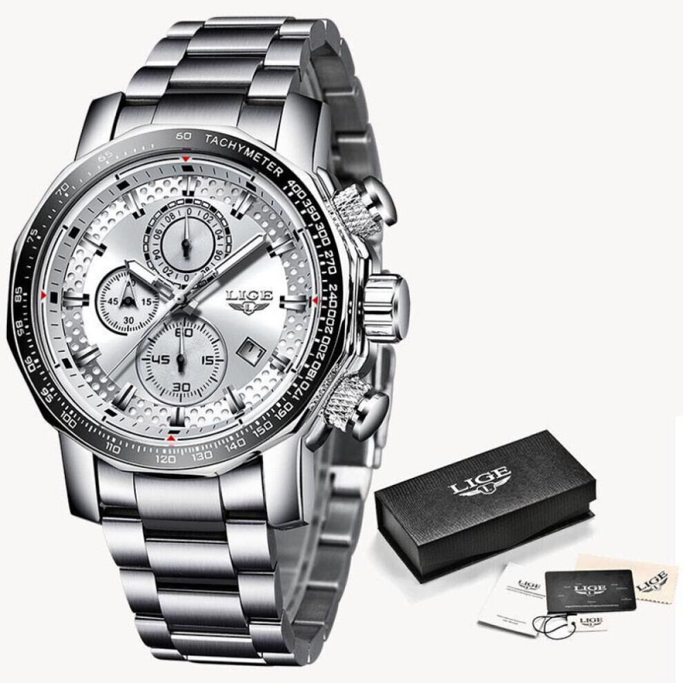 Montre chronographe de luxe en acier inoxydable pour homme (argent blanc) Lige