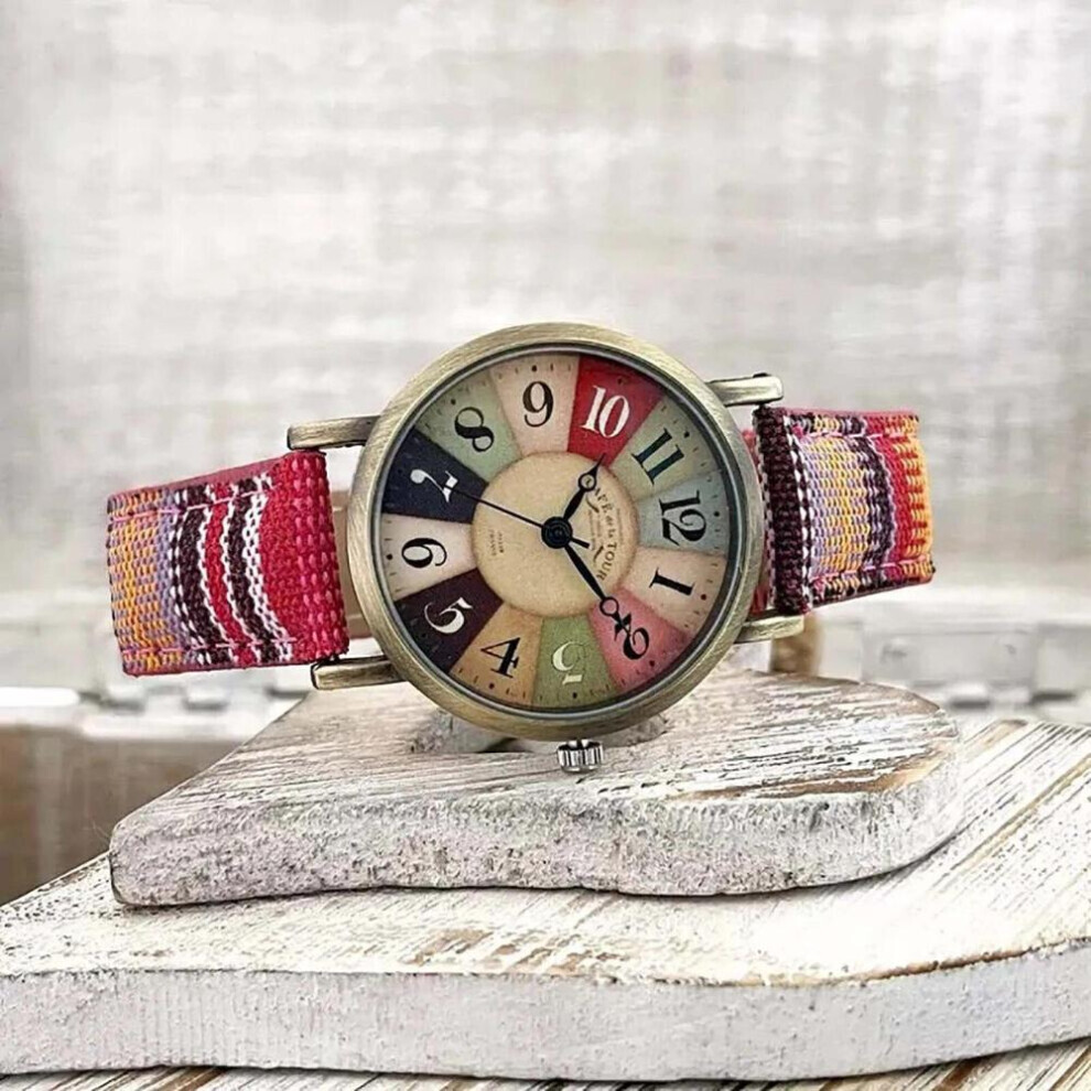(Rouge) Montres de mode pour femmes avec motif arc-en-ciel multicolore, montres-bracelets et bijoux