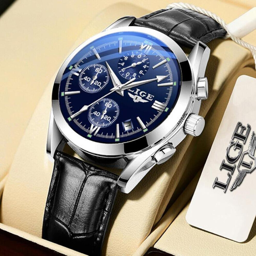 Montre-bracelet chronographe sport étanche pour homme (argent bleu) LIGE 2022 avec bracelet en cuir