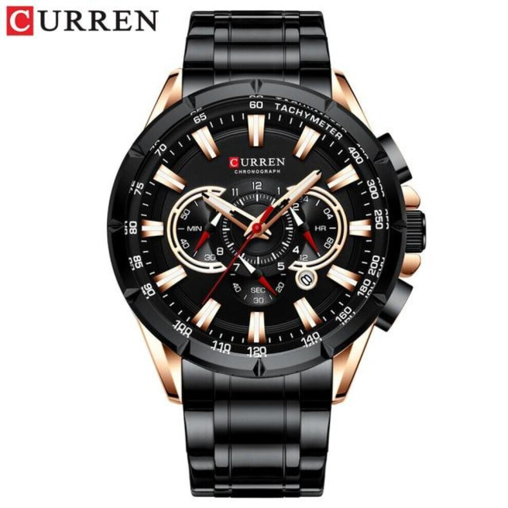(noir) Curren New Causal Sport Chronographe Montres Homme Bracelet Acier Inoxydable Grand Cadran