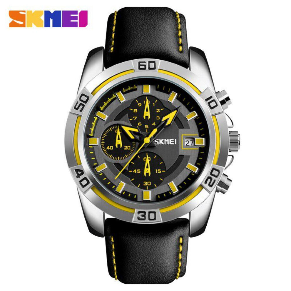 (Jaune) SKMEI Montre à quartz pour homme, tendance, luxe, cuir, étanche, décontractée, créative