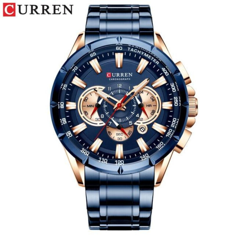 (Bleu marine) Curren New Causal Sport Chronographe Montre Homme Bracelet Acier Inoxydable Grande Montre-Bracelet
