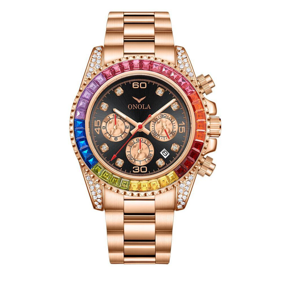 (Or rose, noir) Montre pour homme tendance en or rose, bague de montre en diamant arc-en-ciel, étanche,