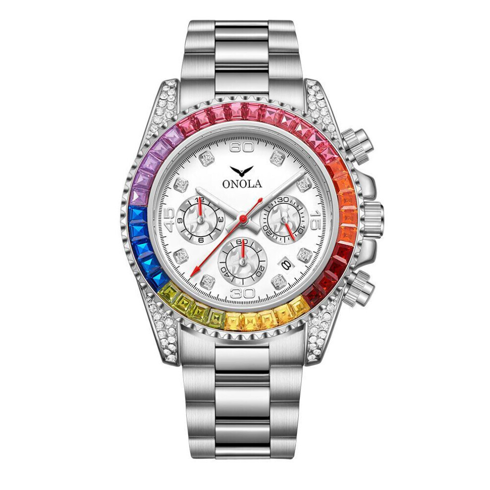 Montre tendance pour homme (argent, blanc) en or rose, avec diamants arc-en-ciel, étanche, solide