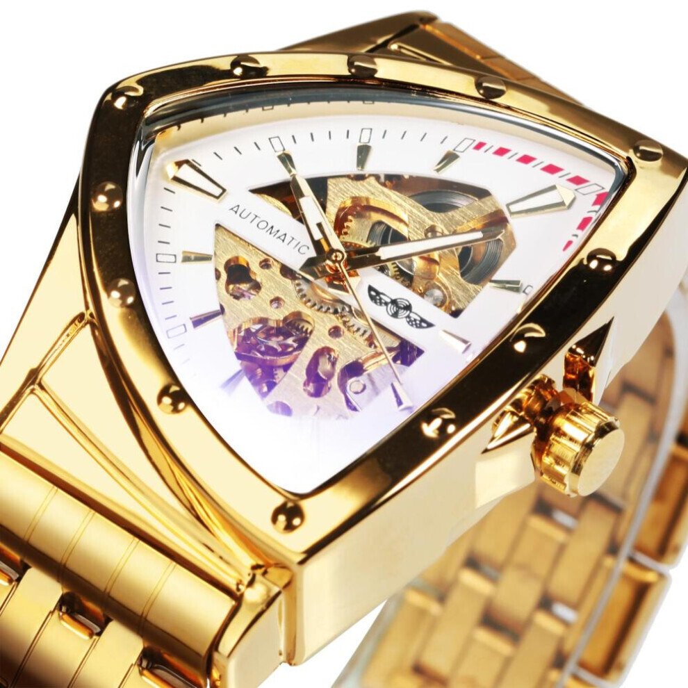 Montre-bracelet mécanique automatique pour homme (or, blanc) Winner Triangle Skeleton Gold Black