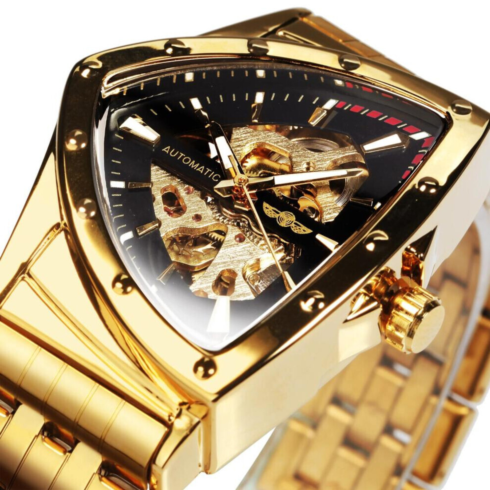 (Or, Noir) Montre Winner Triangle Skeleton Or Noir pour Homme, Montre-bracelet Mécanique Automatique,
