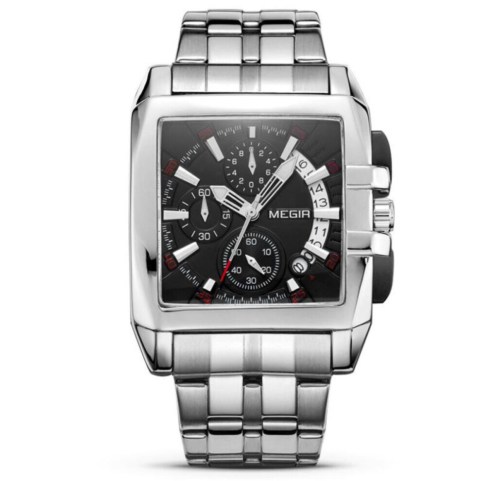 (blanc, noir) Montre Megir bleue en acier inoxydable pour homme, rectangulaire, grand cadran, à quartz,