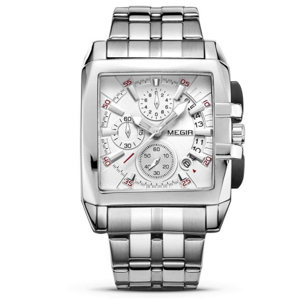 (Blanc) Montre homme Megir en acier inoxydable bleu, grand cadran rectangulaire, montre-bracelet à quartz