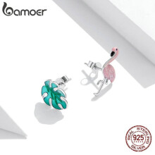(925 hopea) Bamoer 925 Sterling hopea Flamingo ja lehtikorvakorut Forest Fresh Stud korvakorut tytöille