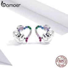 (925 Silber) Bamoer Regenbogenfarbene Herz-Ohrstecker aus 925er-Sterlingsilber, Faultier-Tierohr, rosa,