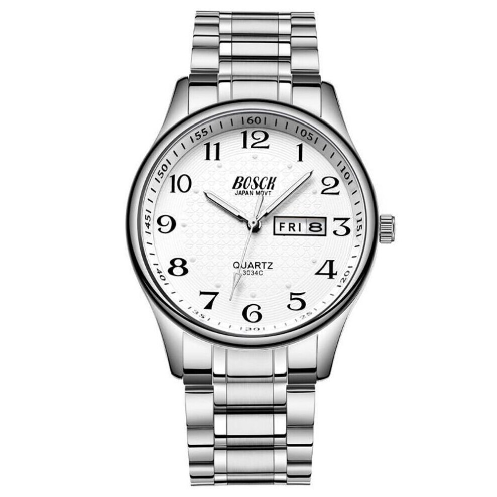 (Blanc) Montre pour homme, montres de luxe en acier inoxydable, montre-bracelet à quartz tendance, semaine