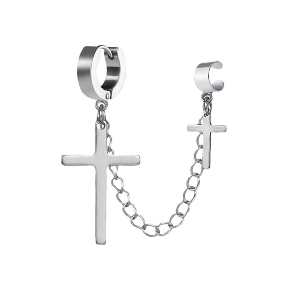 (Argent) Boucles d'oreilles croix en argent, nouvelles boucles d'oreilles noires, chaîne en acier inoxydable