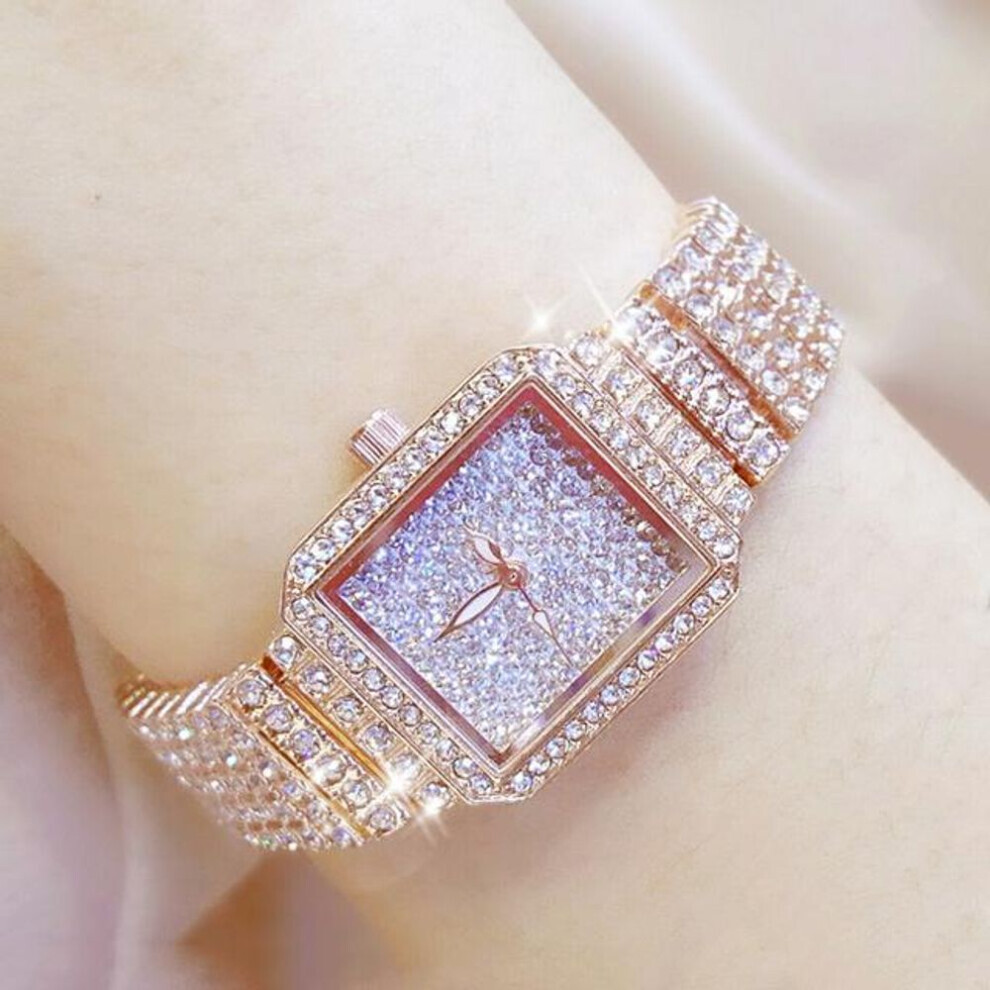 Montre-bracelet carrée en or rose pour femme, entièrement en diamant, à quartz, en argent, marque de