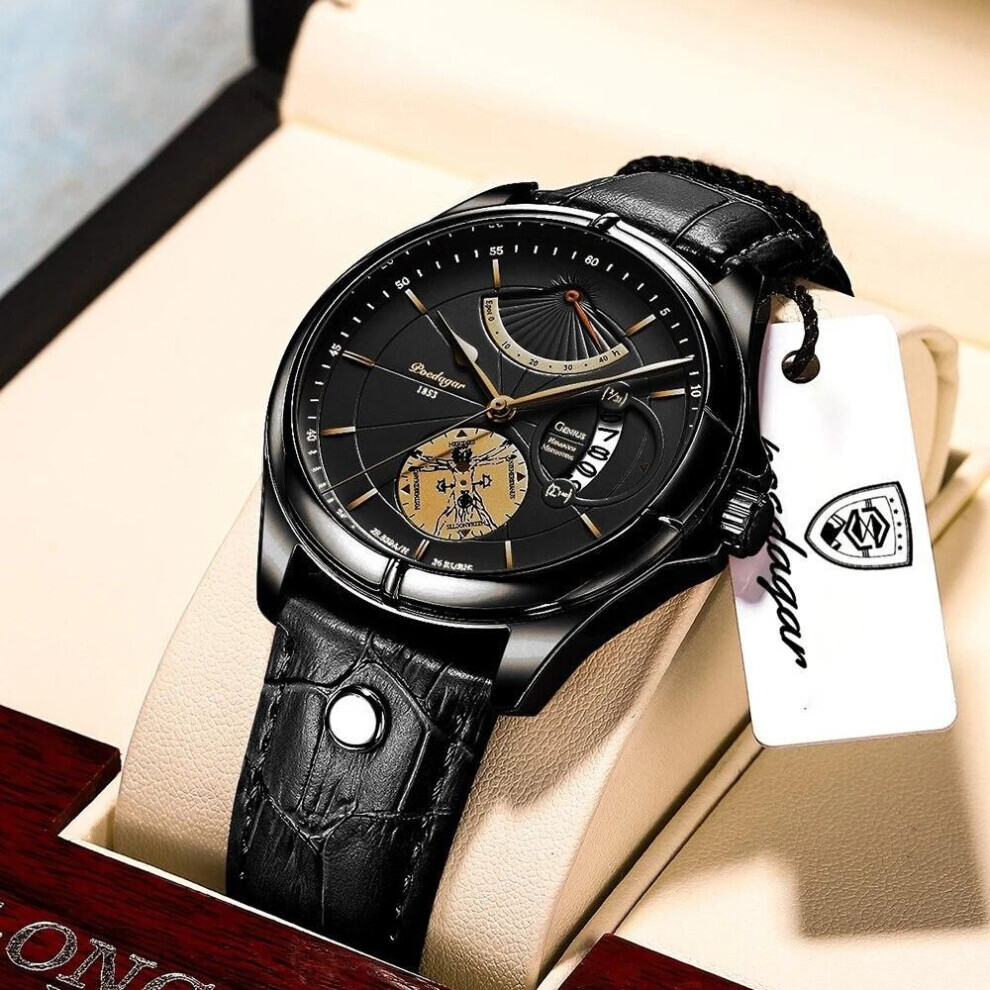 Montre de sport de luxe pour homme (noire), étanche, lumineuse, en cuir