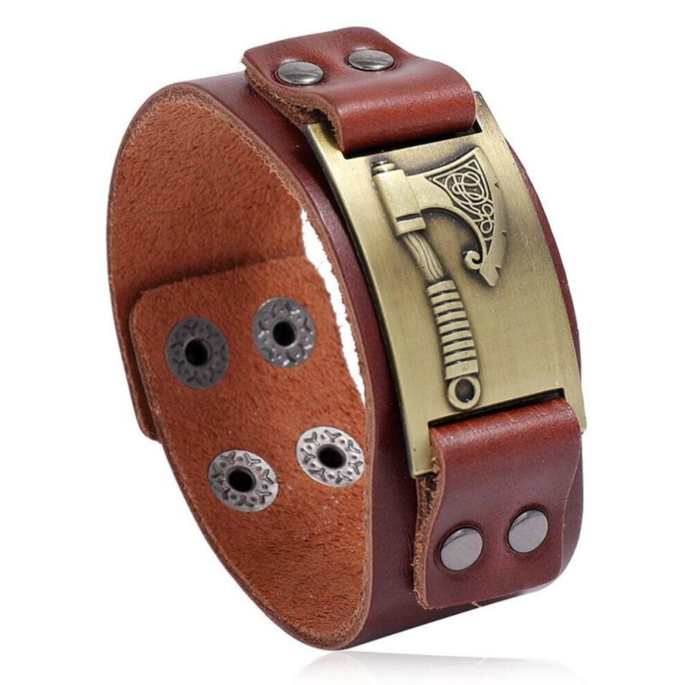 (Marron - 23,5 cm) Bracelet en cuir de vachette style nordique Viking avec hache de combat, style punk