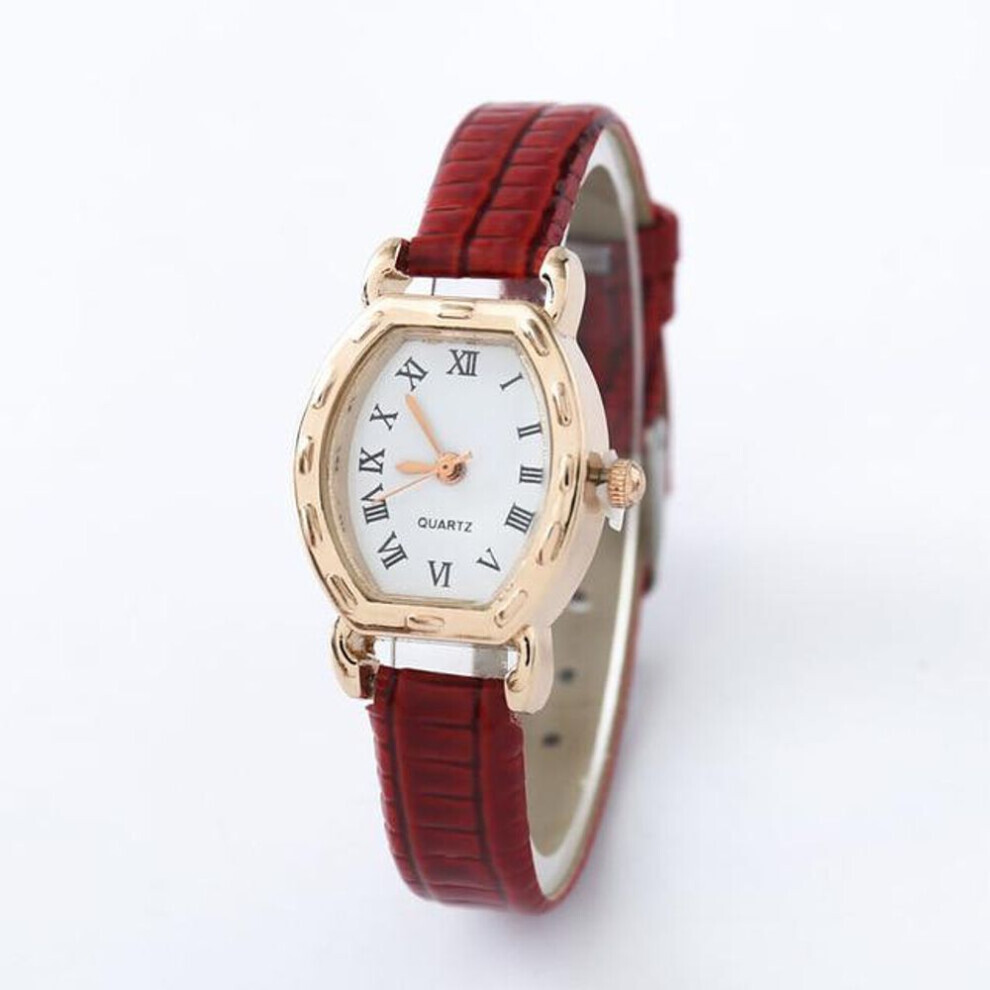 (Rouge) Montres à quartz vintage simples pour femmes, montre rétro tendance, couleur unie, similicuir,