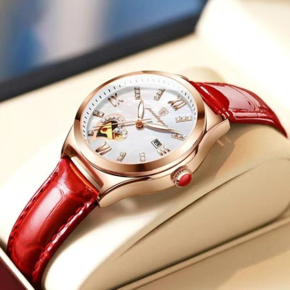 (Blanc) 2024 Femmes Montres Mode Cuir Romantique Cadran Rouge Luxe Femmes Montre Étanche Quartz Date