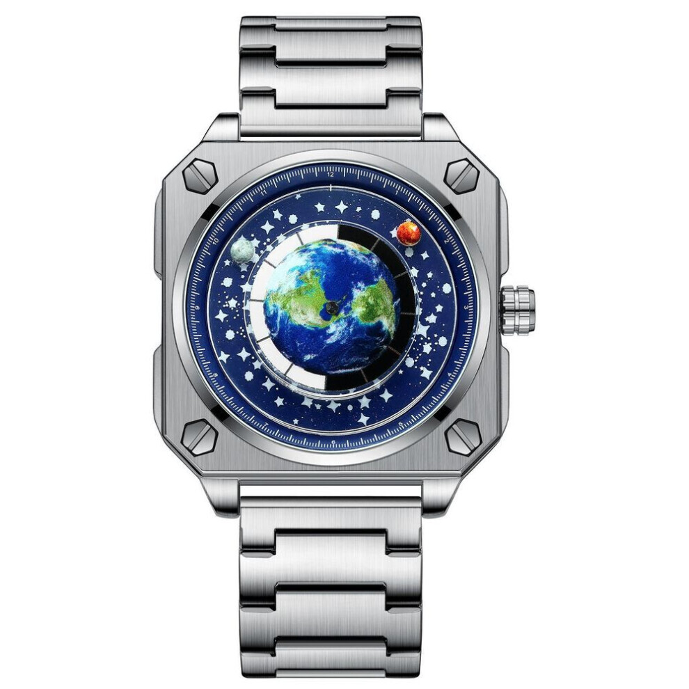 (Argent, Bleu) Nouvelle arrivée cadran rotatif de la terre montre hommes carré étanche planète bleue