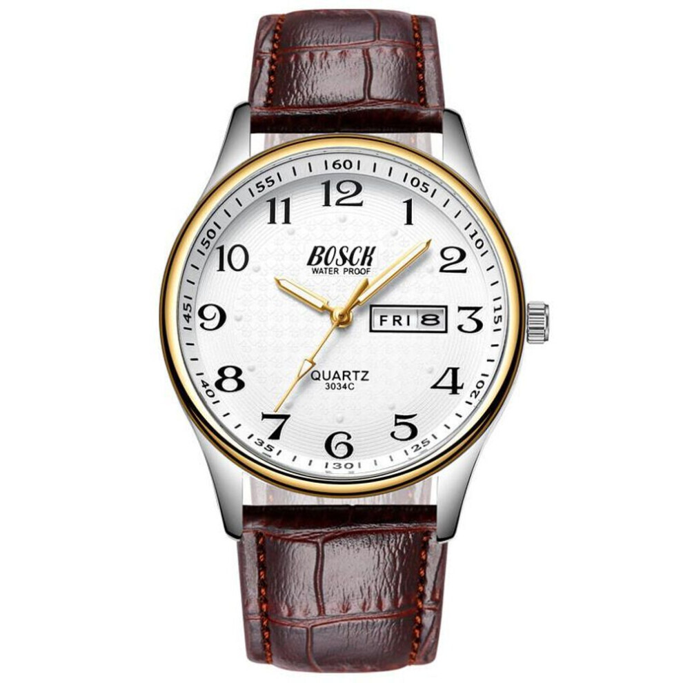 (Café, Blanc) Montre Homme Luxe Acier Inoxydable Montres Mode Quartz Montre-Bracelet Étanche Semaine