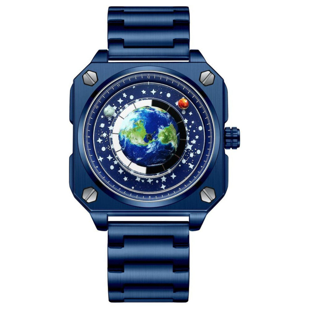 (bleu) Nouvelle arrivée cadran rotatif de la terre montre hommes carré étanche Blue Planet montre à
