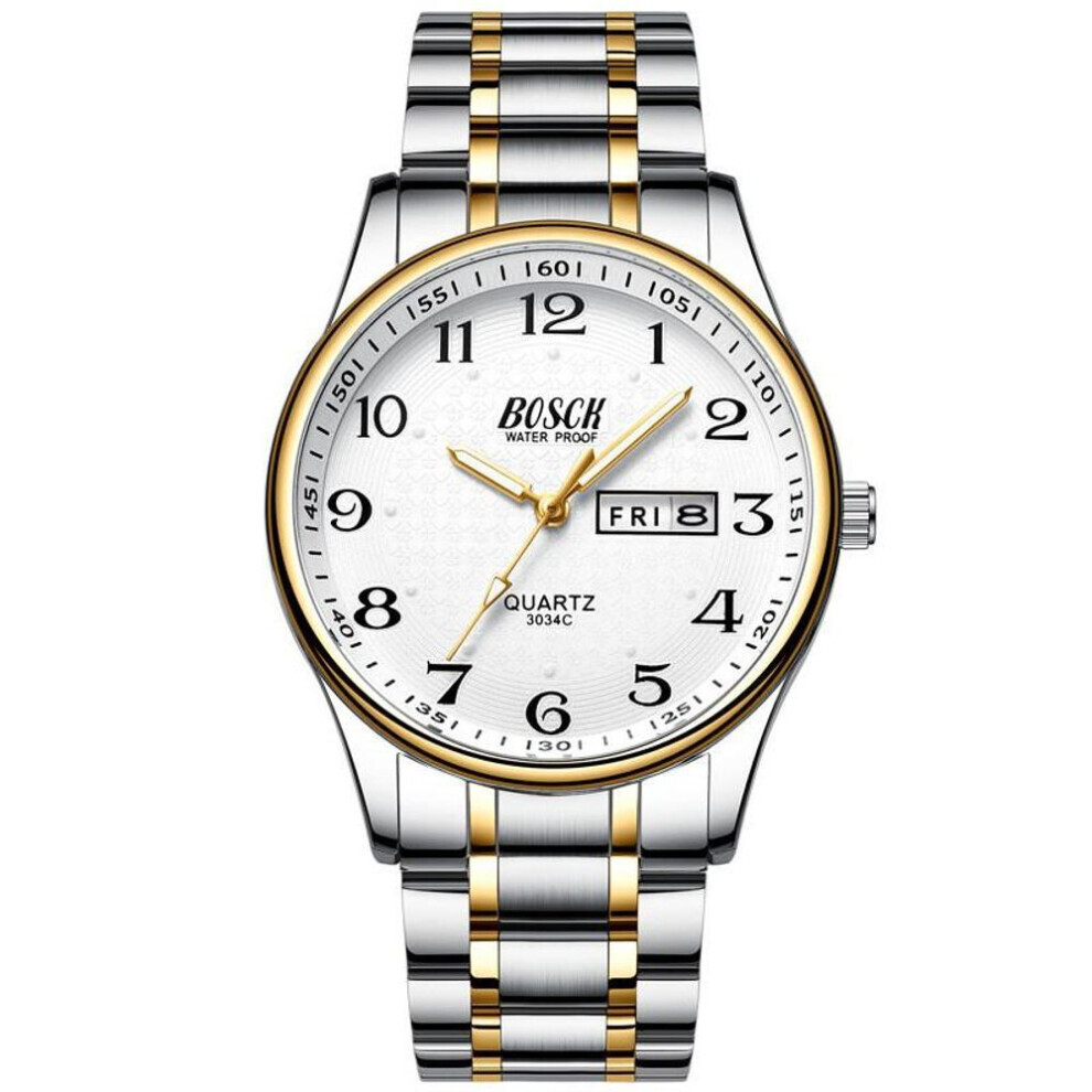 Montre de luxe à quartz pour homme (or, blanc), en acier inoxydable, étanche, avec date et semaine