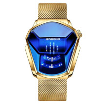 (Gold, Blue - Mesh Band) Fashion Cool Locomotive Men's Watches Top Brand Luxury Quartz Gold Wrist Watch