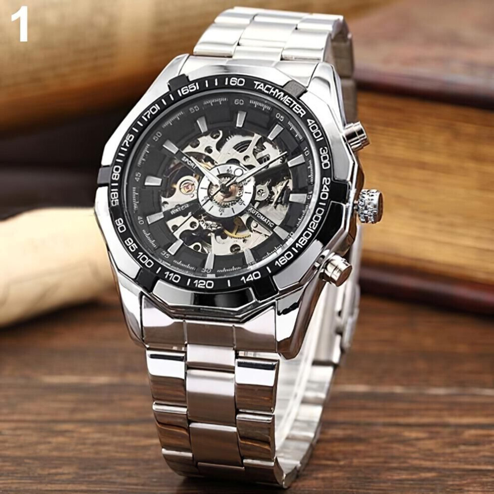 (noir) Montre mécanique automatique squelette Winner pour hommes, montres en or, bracelet en acier inoxydable,