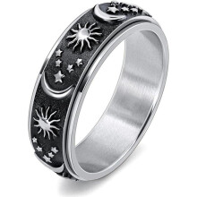 (Ασημί, Μαύρο -6) Star Moon Sun Rotating Titanium Steel Ring Unisex Bohemian Relief Anxiety