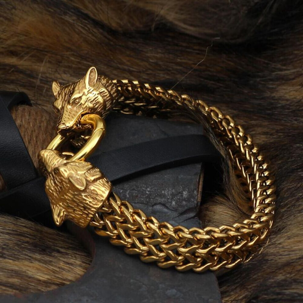 (Or - 21 cm) 1 pièce Bracelet tête de loup viking vintage en acier inoxydable noir et or