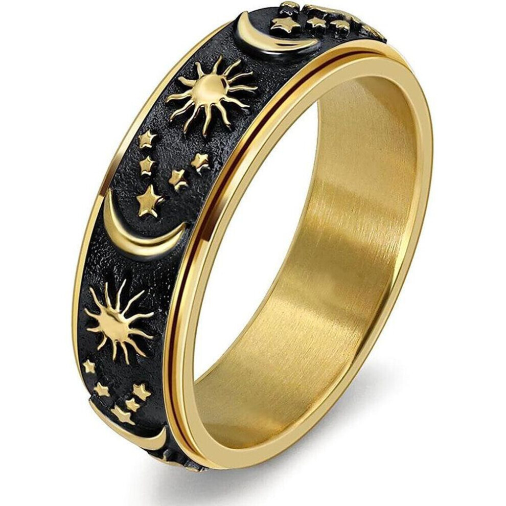 Bague rotative en acier titane unisexe style bohème (or, noir -9) avec étoile, lune et soleil, accessoire