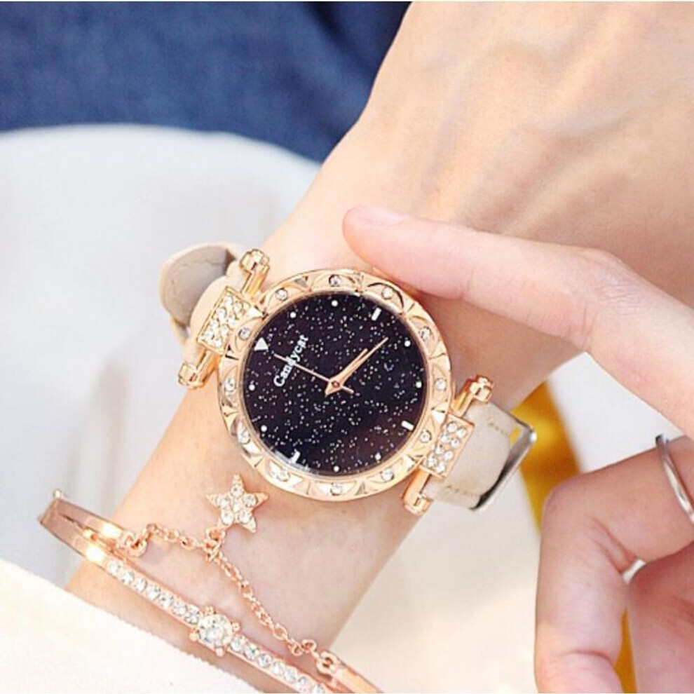 (Beige+Braçolet) Montre à quartz tendance pour femme avec bracelet en cuir et cadran étoilé