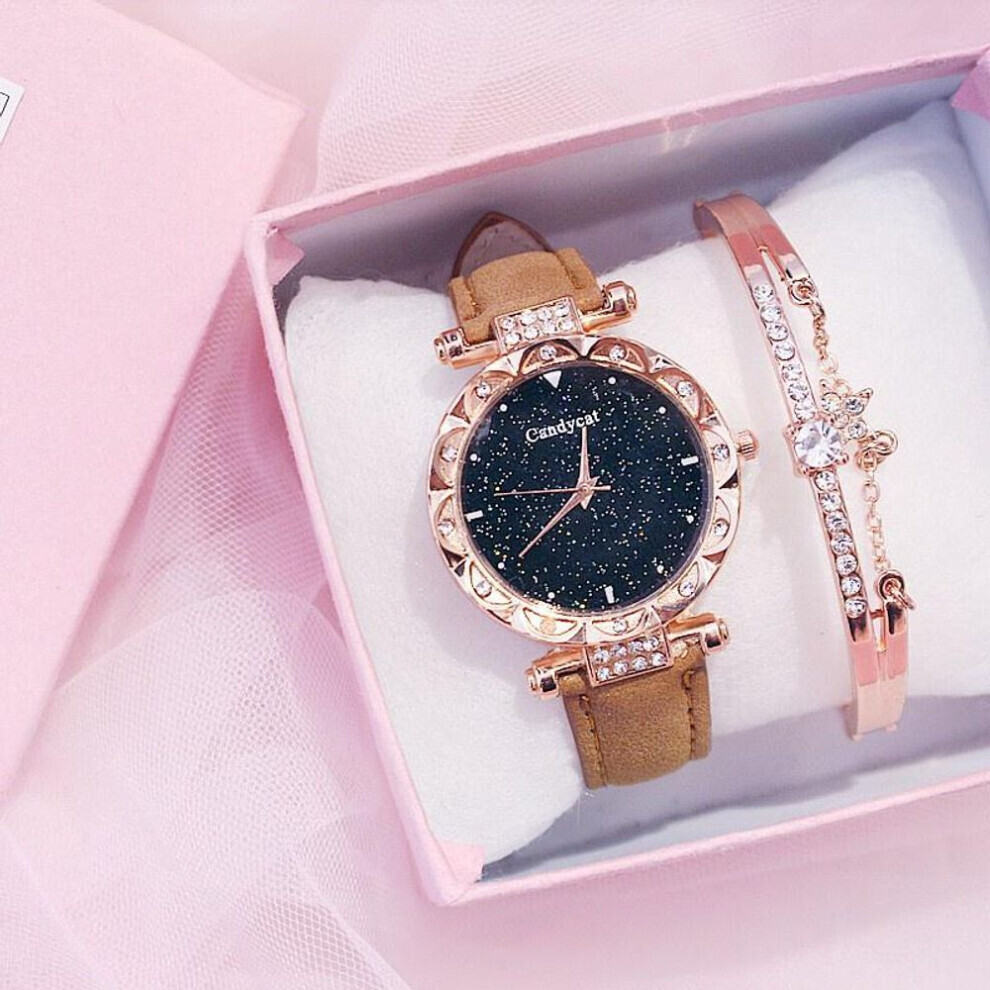 (Marron+Braçolet) Montre à quartz tendance pour femme avec bracelet en cuir et cadran étoilé