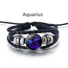 (Aquarius) 12 Constellation Luminous Braid Leather Bracelet Charm Bracelet Men Women Fashion Multilayer