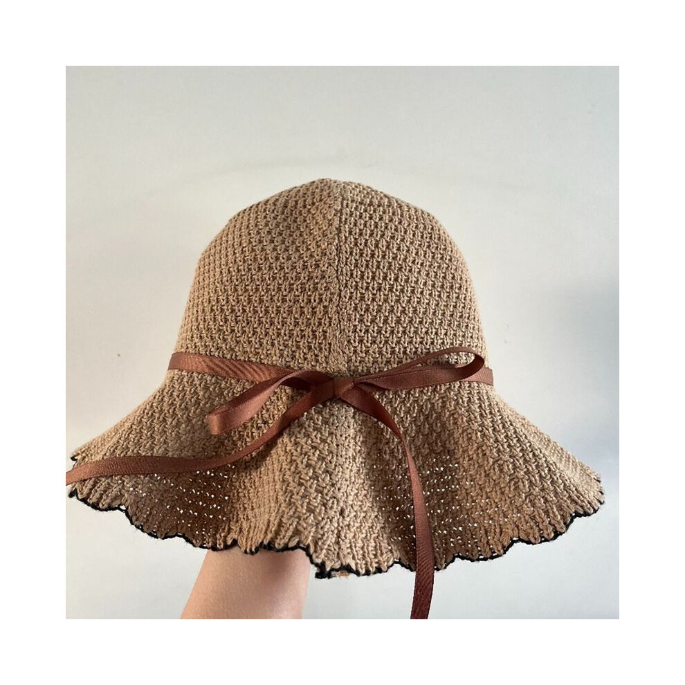 (Kaki) voyage paille tissage soleil plage filles chapeau d'été à large bord chapeaux fleur parasol casquettes