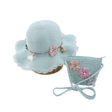 (chapeau et sac verts-taille unique)chapeaux de soleil d'été en paille pour petites filles et sacs à