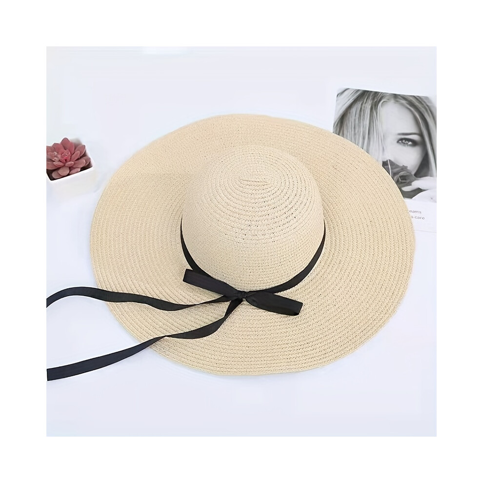 (Beige-taille unique) chapeau de plage noir à bord papillon femme chapeau de protection solaire pliable