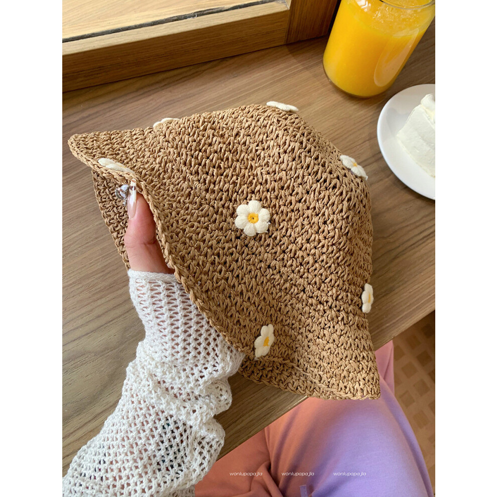 (Khaki White Flower) Beautiful Flower Blue Straw Fisherman Hat For Women Perfect For Spring And Summer With Comfortable Fit Breathable-image-OPC-PGVDH6K-NEW