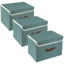 Foldable Storage Bins 3 Pack Storage Boxes with Lids and Handles Storage Baskets in Linen Storage Organizers (Lake Green)