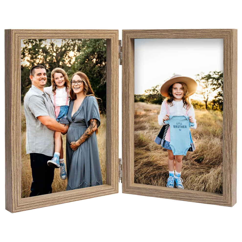 Cadre photo double AVEAX 4x6, cadre photo pliable     charni   re avec fa   ade en verre, cadre vertical sur bureau, grain de bois