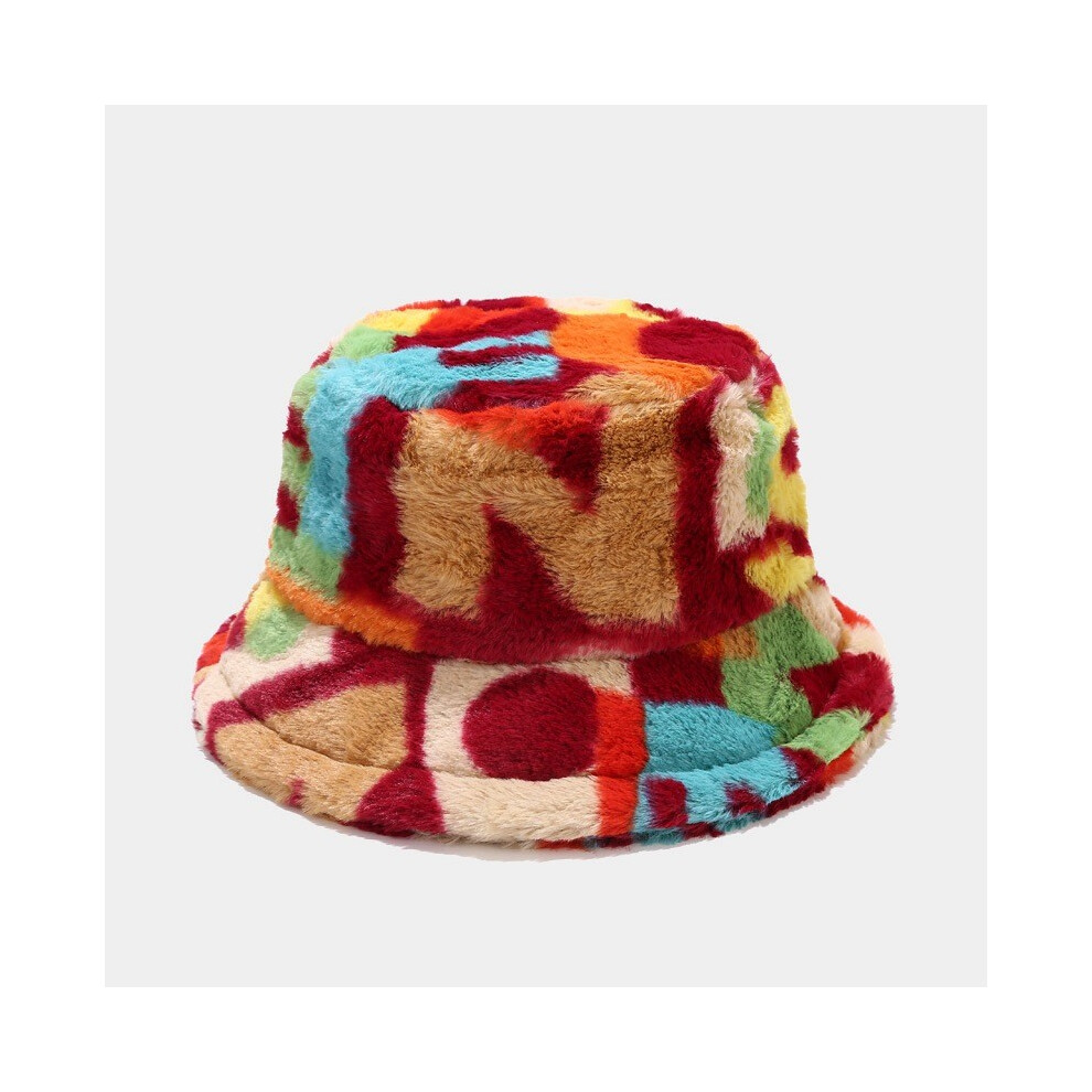 (Red) Bucket Xmas Winter Hats Furry Faux Fur Fisherman Hat Soft Print Warm Fluffy Cap