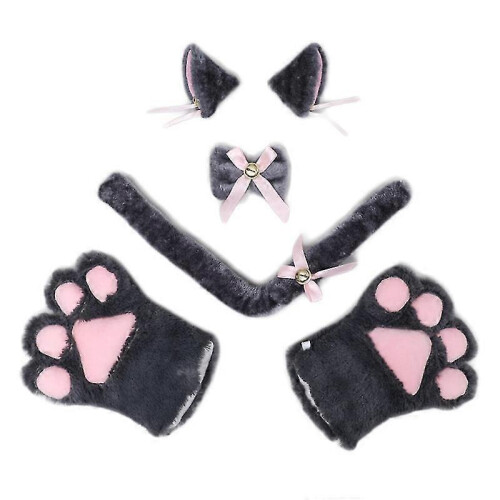 Kitten Costume Ears Furry Collar Bow Headband,Gray