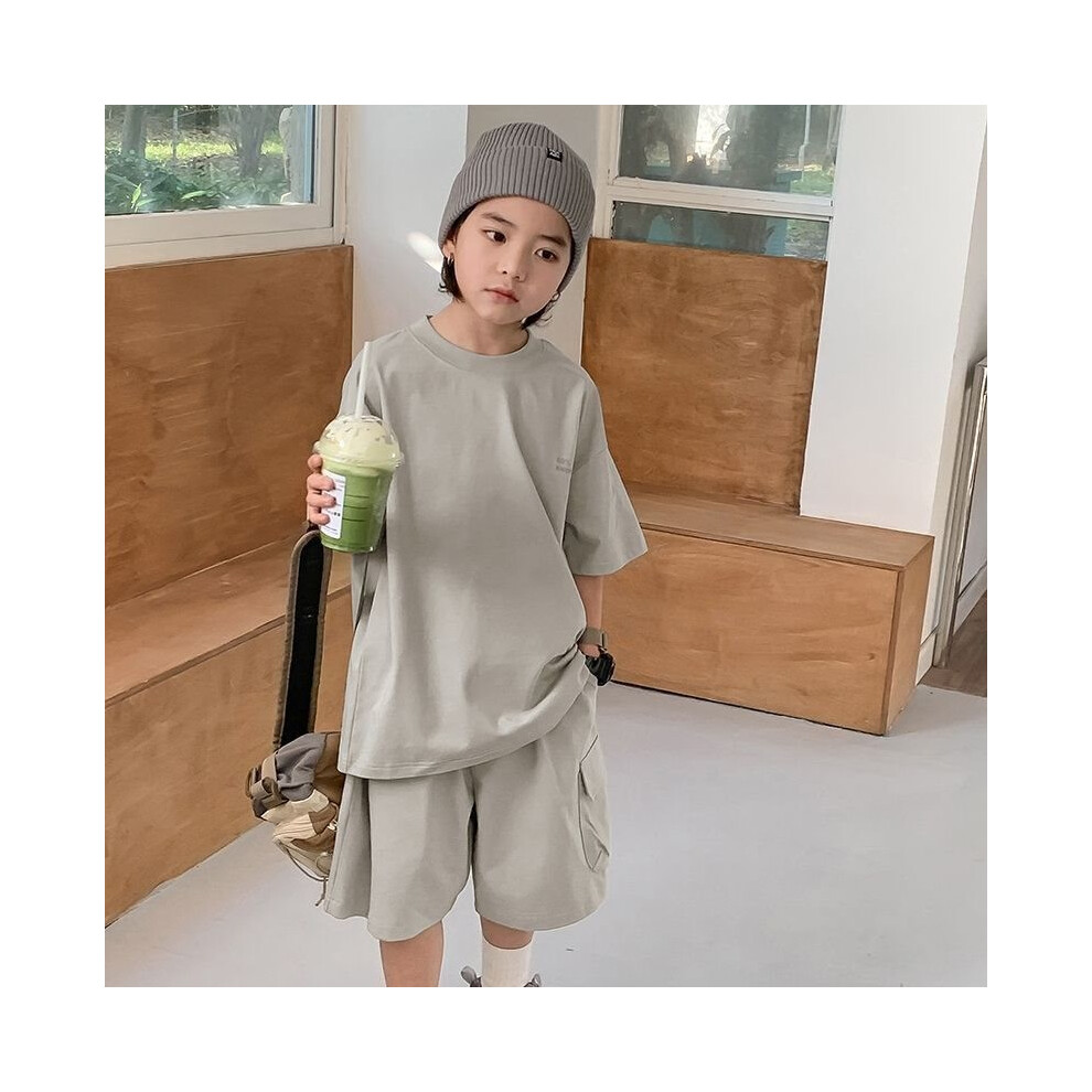 (Apricot Set, 120cm/47.24in) Boys Summer Chic Two Piece Outfit Set Stylish Cotton Fabric With Lettering Print-image-OPC-PGVFHGF-NEW