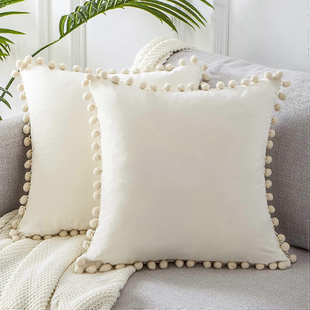Lot de 2 housses de velours housse de coussin à pompon grande décoration carrée design uni housse de taie d'oreiller 20x20 pouces50cmx50cm crème