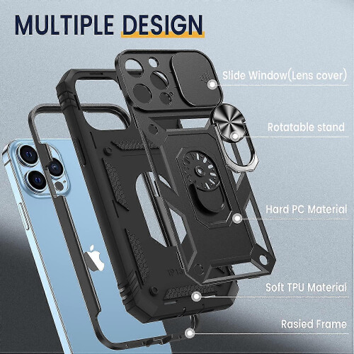 Case for Iphone 13 Pro Max Stand Case with Slide Camera Cover-Black 2