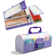 Multifunction Pencil Box with Double Password Lock, Large Capacity Plastic Stationery Case Combination Lock Pencil Box Organizer (Dinosaur Purple)
