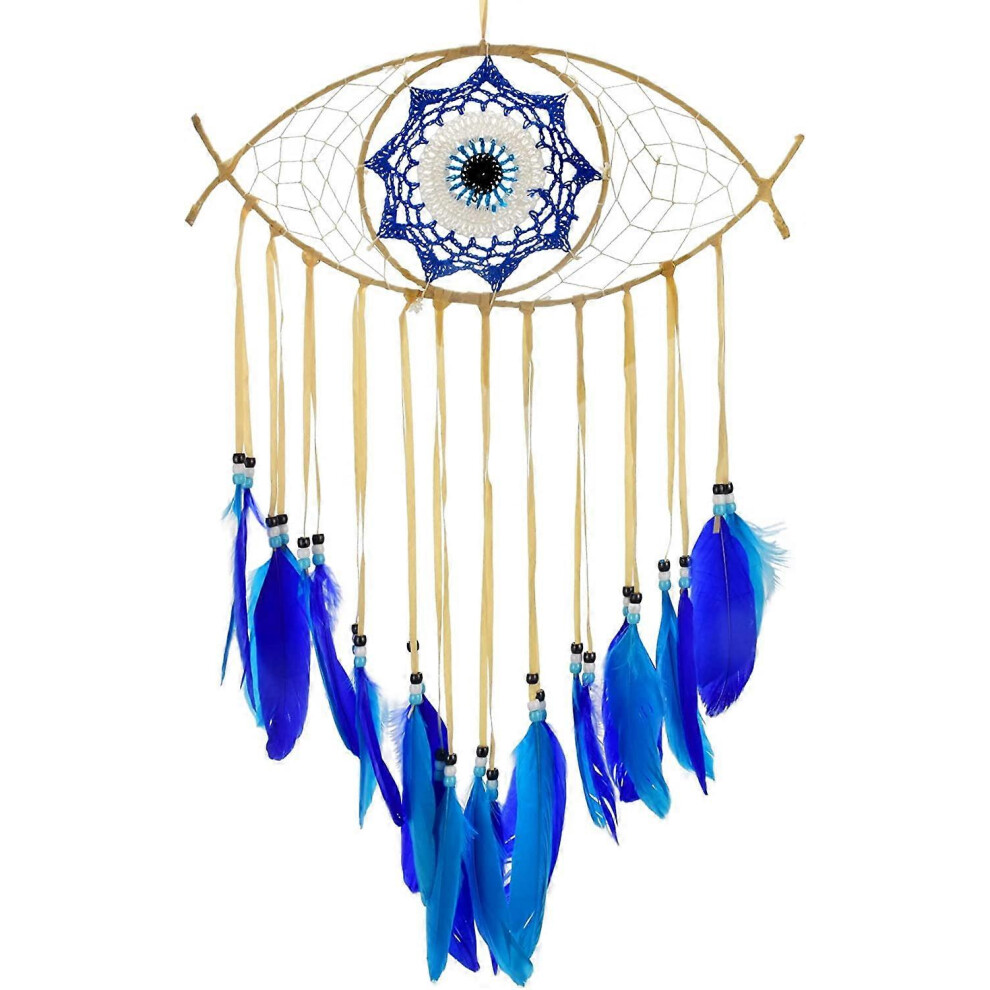 Catcher Devil Eyes Design with Feathers Handmade Indians Traditional Circular Net for Wall Hanging Decor, Bedroom Kids, Home Decoration Wedding Party