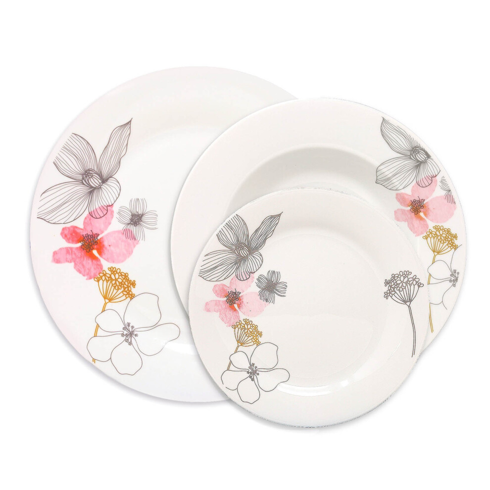 12-pc Dinner Set White Soup Dessert Plates Floral Circle Round Four Servings
