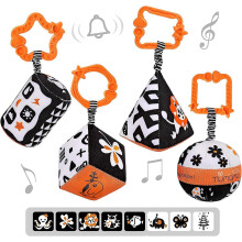 High Contrast Shape Set Baby Toys for Car Seat Baby Plush Rattle Toys, 0-9 Months, (4-Pack)