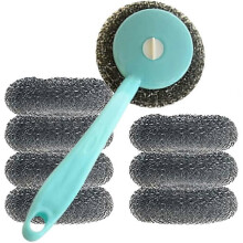 Stainless Steel Scrubbing Sponge Set with Handle, 8 Pack, for Kitchen Utensils, Pot Brush, Hobs, Removing Stubborn Dirt (Blue)